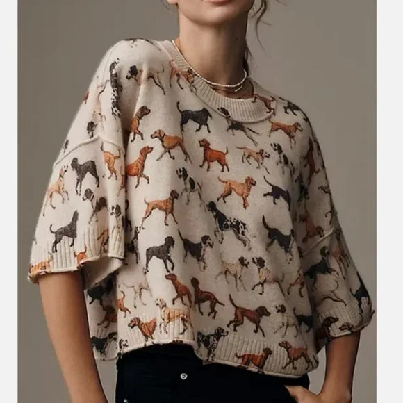 Anthropologie The Goldie Crew-Neck Cashmere Sweater Dog Dogs Size S NWT Puppies - Picture 1 of 6